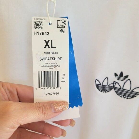 Adidas Womens Sweatshirt White L Oversized Triple Trefoil Long Sleeve  New - Picture 6 of 8